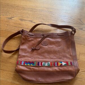 Vintage TaTa boho Leather Shoulder Bag with Colorful Beaded Trim - Brown